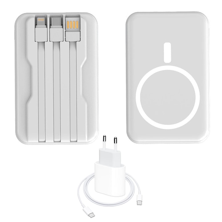 Baterie Externa Magnetica, ZGGZERG, 10000mAh, 22.5 W Incarcare Rapida, 3 Cabluri Integrate (USB-C, USB-A, Lightning), 1xUSB-C, 1xUSB-A, 1xMicroUSB, 1xLightning, Display LED, Compatibila iPhone 15/14/13/12/Pro/Mini/Pro Max, 109*67*21mm, Alb