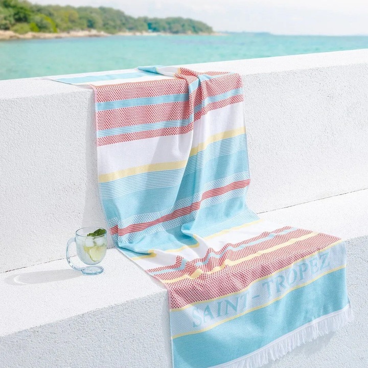 Плажна кърпа, Madame Coco, Tilda, памук, тюркоазено/оранжево, 70x150 см