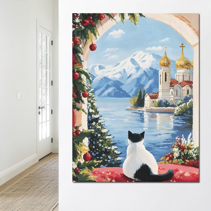 Kартина върху платно, LuxCanva® M1224, Котката и златните куполи, 75 X 100 см, 100% памучно платно 400 г/м2, дървена рамка