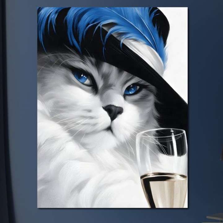 Tablou Canvas Premium, LuxCanva® M1216, Contesa Felina, 75 X 100 CM, Panza Bumbac 100% 400g/m2, Sasiu Lemn, Felina, Eleganta, Pahar, Sampanie, Lux, Petrecere, Palarie, Pisica, Rafinament, Feminin, Stil, Birou, Living, Camera Copil