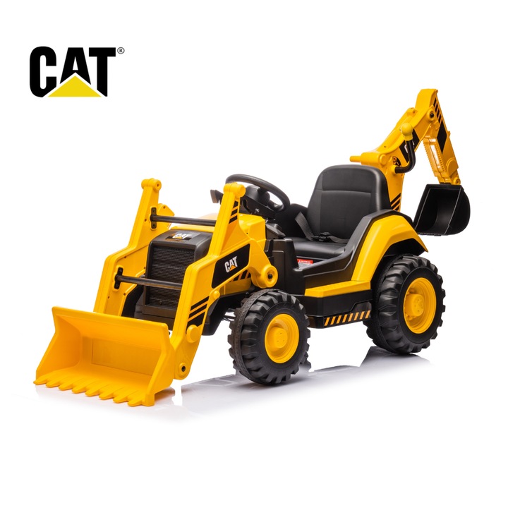 Buldoexcavator Electric pentru Copii CAT – Licenta Oficiala, Autonomie mare - Baterie LI-Ion 10,8V 3,1Ah, Incarcator, Motor 2 x 30W, Telecomanda, Suspensie, Comenzi muzica, Recomandat 3-6 ani, Suporta 30 kg, L 174 x l 63 x h 86 cm, VelvetKidS