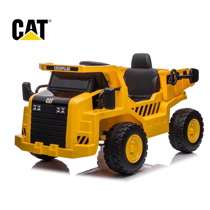Camion Electric pentru Copii CAT – Licenta Oficiala, Autonomie mare - Baterie LI-Ion 10,8V 3,1Ah, Incarcator, Motor 2 x 30W, 3-6 ani, Pana la 30 kg, Microfon, Telecomanda, LED, Suspensie, Basculare & lopata inclusa, L 110 x l 70,5 x h 61 cm, VelvetKidS