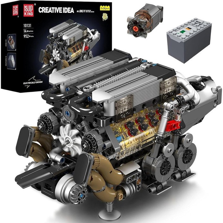 Set de construcție Mould King 10131, motor V8 W16 cu 16 cilindri, jucării STEM, 952 piese, multicolor
