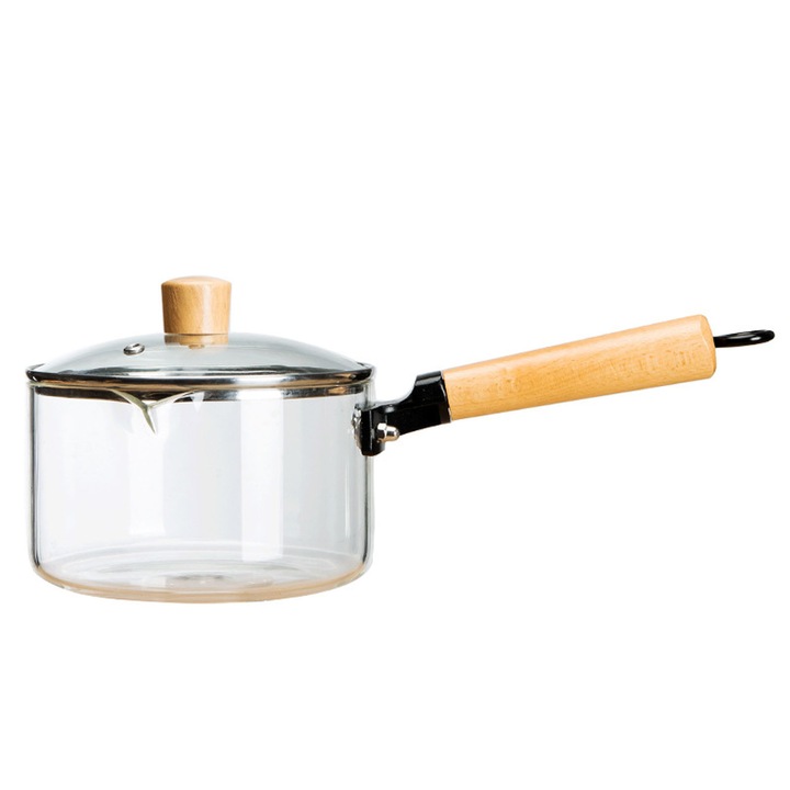 Стъклена тенджера за готвене, ZGGZERG, 1500ml, Термоустойчива, С капак и дървени дръжки, Издръжлива, Лесна за почистване, Идеална за готвене, варене, сервиране, Стъкло+Дърво, Диаметър 16см, Прозрачна
