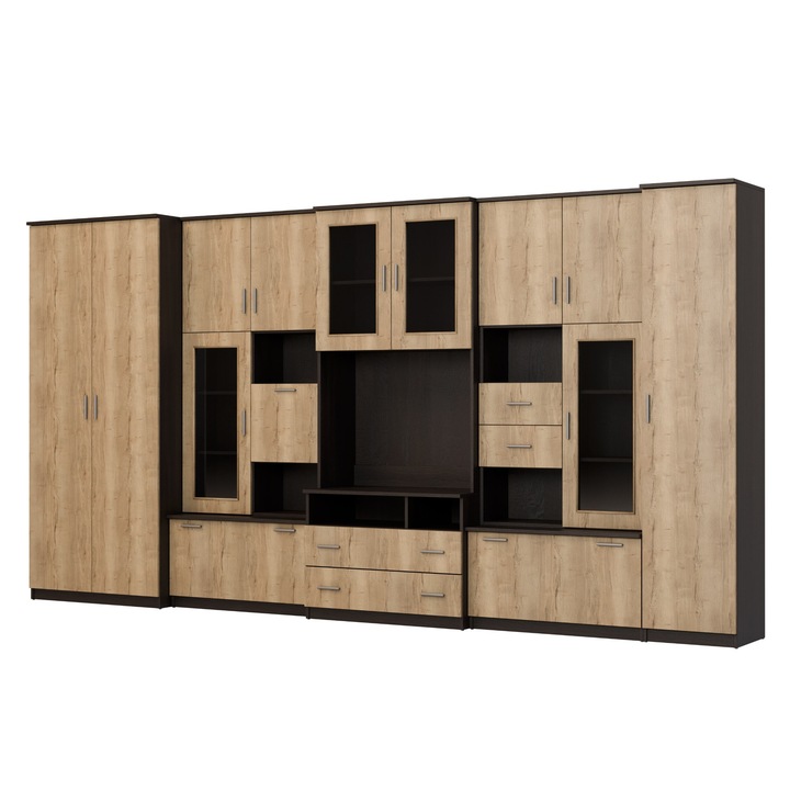 Set Mobila Biblioteca Din Lemn, Meblast, Lena, 405 cm x 210 cm x 53 cm, Dublu Laminat, 18 mm, Banda Decorativa Mdf Sau Smooth, 14 Usi, 4 Sertare, Dark Sonoma/Oak Halifax