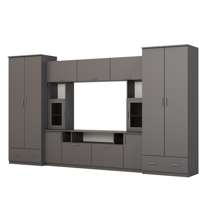 Set Mobila Biblioteca, Meblast, Tajga, 370 cm x 210 cm x 53 cm, Dublu Laminat, 18 mm, Banda Decorativa Mdf Sau Smooth, 13 Usi, 2 Sertare, Gri Grafit