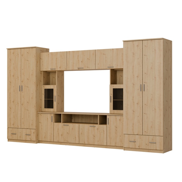 Set Mobila Biblioteca, Meblast, Tajga, 370 cm x 210 cm x 53 cm, Dublu Laminat, 18 mm, Banda Decorativa Mdf Sau Smooth, 13 Usi, 2 Sertare, Stejar Salbatic