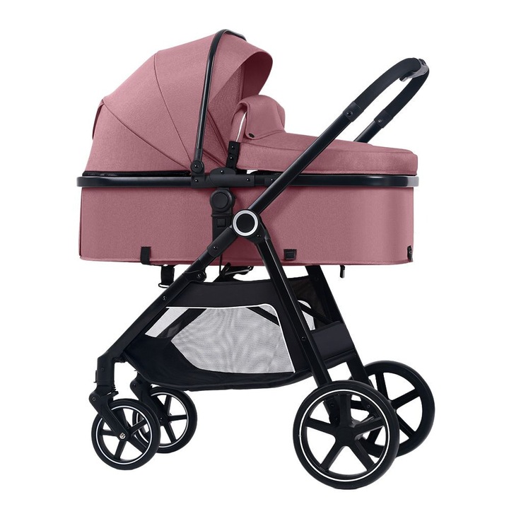 Многофункционална трансформираща се количка 2 в 1 Kidizi Moveo розова, включва матрак за кош за новородено и чанта за аксесоари, черна рамка