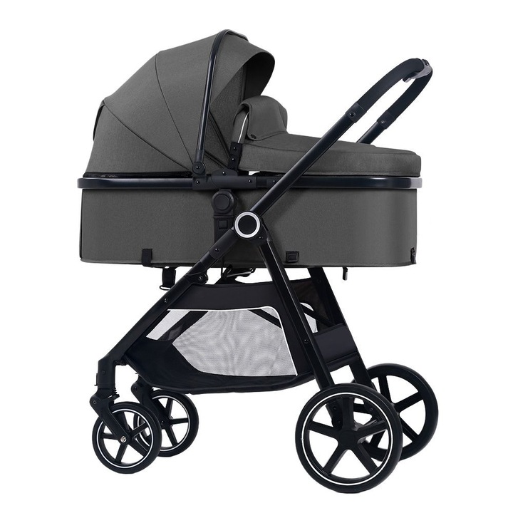Многофункционална трансформираща се количка 2 в 1 Kidizi Moveo сива, включва матрак за кош за новородено и чанта за аксесоари, черна рамка