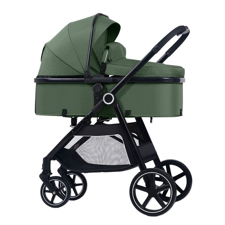 Многофункционална трансформираща се количка 2 в 1 Kidizi Moveo зелена, включва матрак за кош за новородено и чанта за аксесоари, черна рамка
