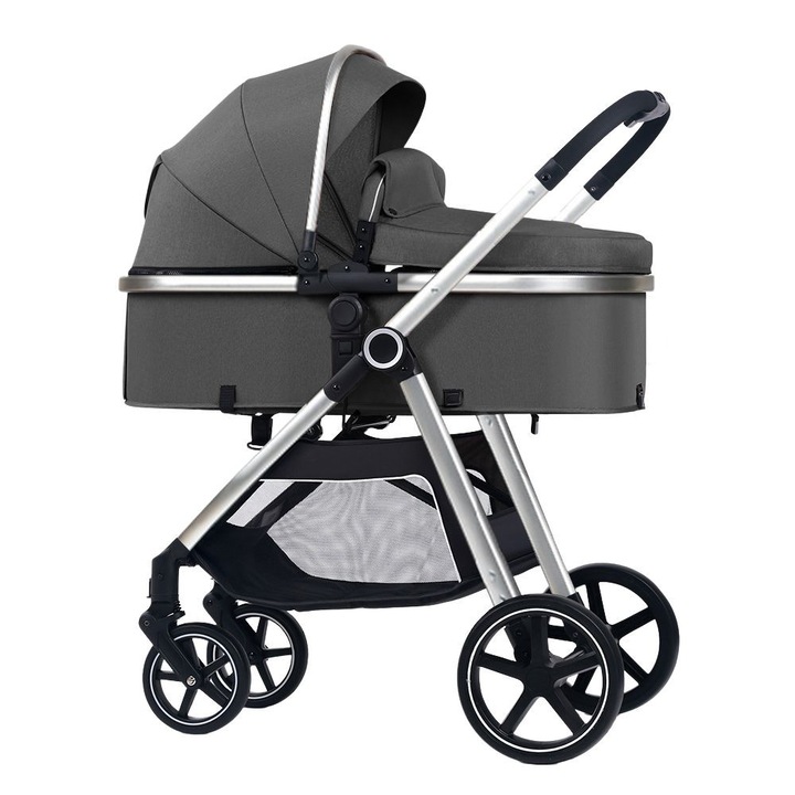 Многофункционална количка 2 в 1 Kidizi Moveo сива, включва матрак за кош и чанта за аксесоари, сребърна рамка