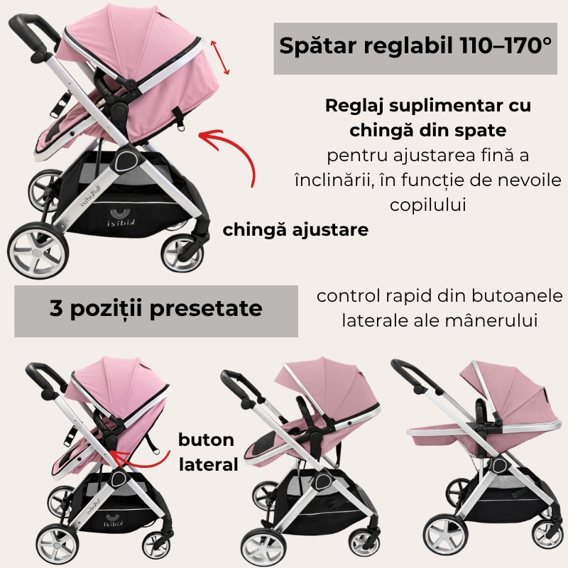 Carucior copii 2 in 1 Kidizi Moveo roz, landou transformabil in