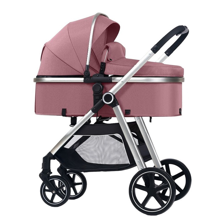 Многофункционална трансформируема количка 2 в 1 Kidizi Moveo розова, включва матрак за кош за новородено и чанта за аксесоари, сребриста рама