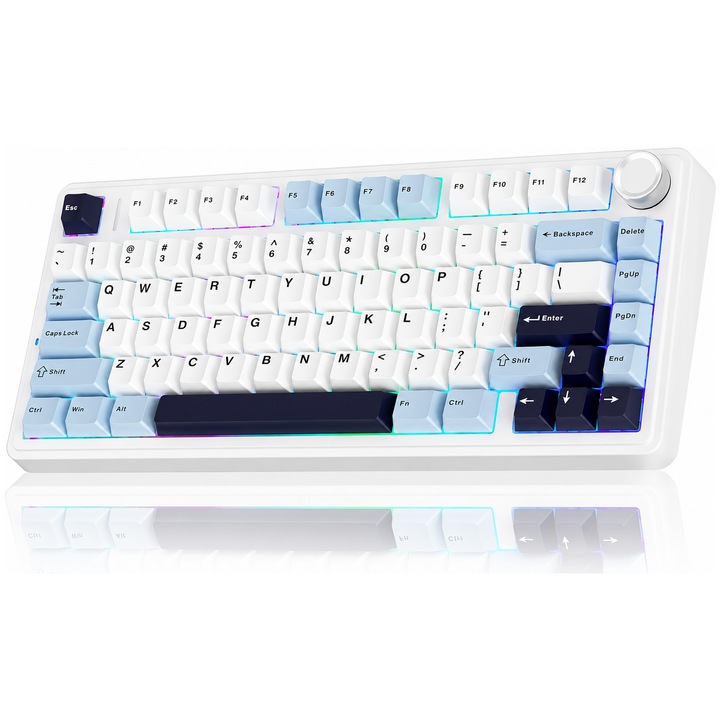 Tastatura Mecanica Gaming AULA F75, Tri-Mode Wireless Bluetooth/2.4GHz/USB-C, Hot-Swap, Gasket, RGB 16.8M, Baterie 4000mAh, Knob Multimedia, 75%, Switch LEOBOG Reaper, Albastru Ghetar
