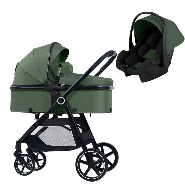 Многофункционална трансформируема количка 3 в 1 Kidizi Moveo зелена, включва кошница за кола, матрак за кош за новородено, покривало за крачета и чанта за аксесоари, черна рамка