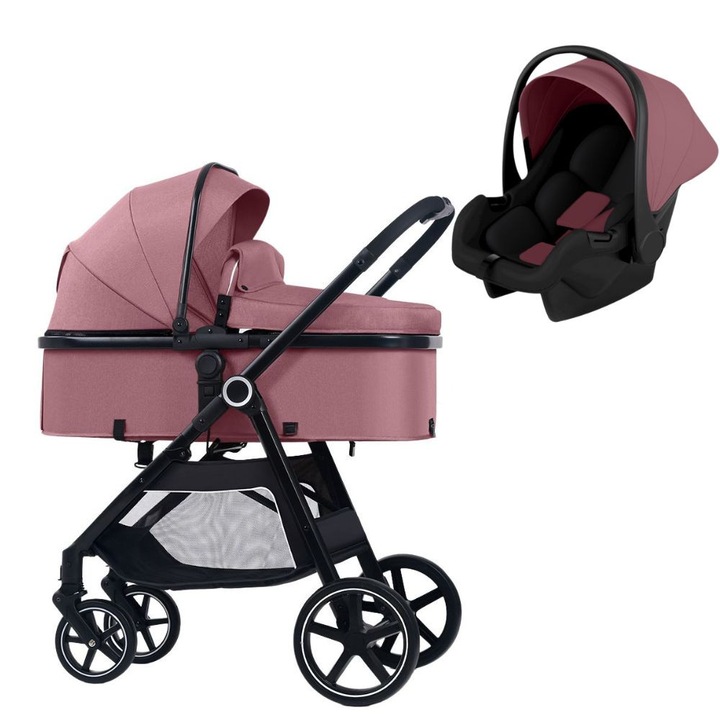 Многофункционална трансформираща се количка 3 в 1 Kidizi Moveo розова, включва столче за кола, матрак за кош за новородено, покривало за крачета и чанта за аксесоари, черна рамка