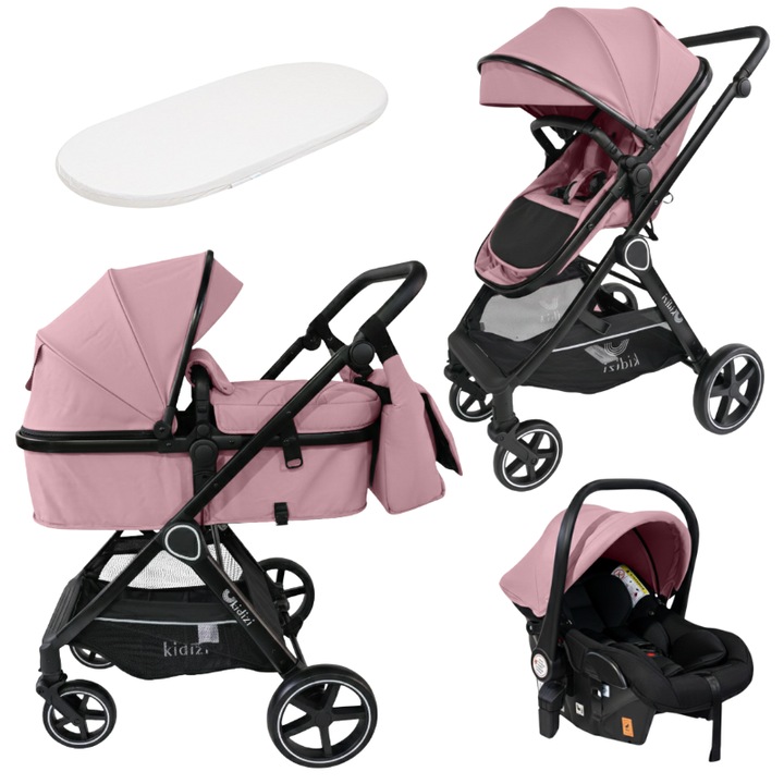 Carucior multifunctional transformabil 3 in 1 Kidizi Moveo roz, include scoica auto, saltea landou, husa picioare si geanta pentru accesorii, cadru negru