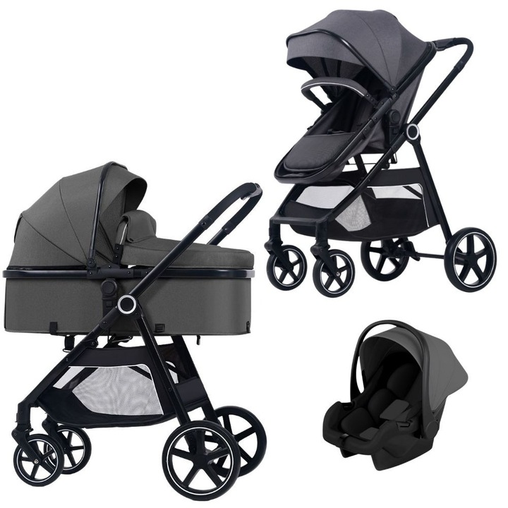Многофункционална трансформираща се количка 3 в 1 Kidizi Moveo сива, включва столче за кола, матрак за кош, покривало за крачета и чанта за аксесоари, черна рамка