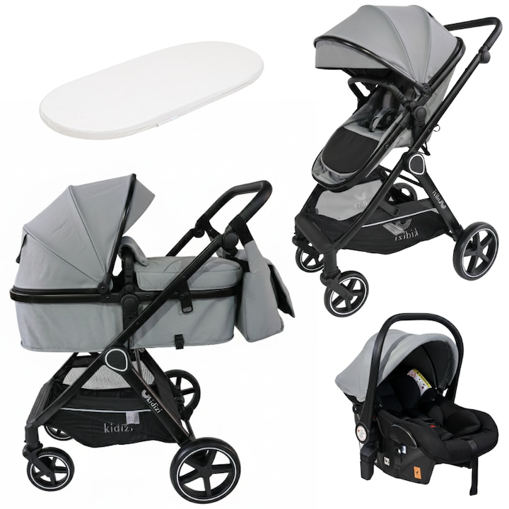 Carucior multifunctional transformabil 3 in 1 Kidizi Moveo gri, include scoica auto, saltea landou, husa picioare si geanta pentru accesorii, cadru negru