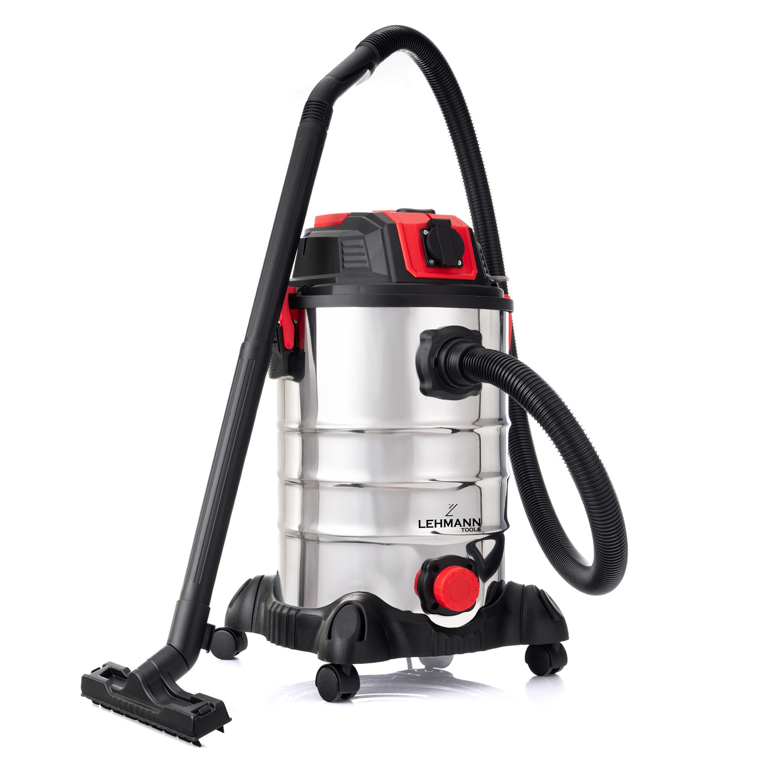 Aspirator umed/uscat, multifunctional, Lehmann Force, industrial, putere 1500W, priza pentru scule electrice 2000W, recipient 30L, Aluminiu, furtun 1.5 m, functie de suflare, 48.5x60x48.5 cm, 6.5 kg, argintiu/negru/rosu