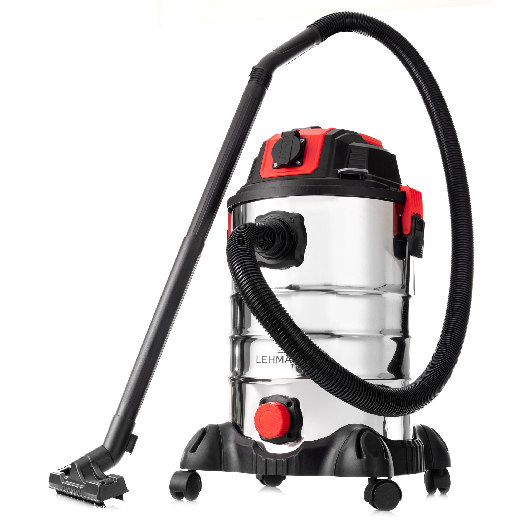 Aspirator umed/uscat, multifunctional, Lehmann Force, industrial, putere 1500W, priza pentru scule electrice 2000W, recipient 30L, Aluminiu, furtun 1.5 m, functie de suflare, 48.5x60x48.5 cm, 6.5 kg, argintiu/negru/rosu