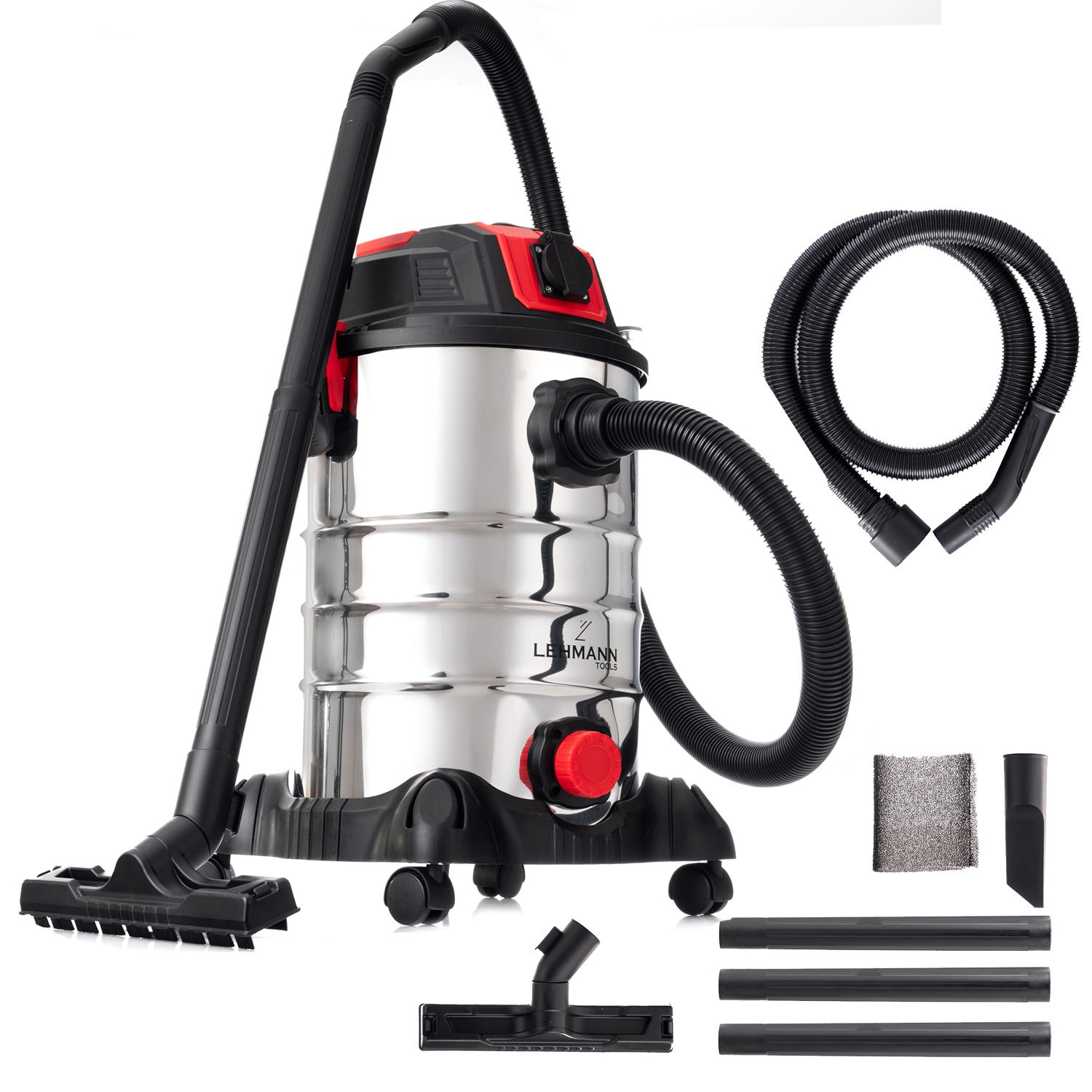 Aspirator umed/uscat, multifunctional, Lehmann Force, industrial, putere 1500W, priza pentru scule electrice 2000W, recipient 30L, Aluminiu, furtun 1.5 m, functie de suflare, 48.5x60x48.5 cm, 6.5 kg, argintiu/negru/rosu