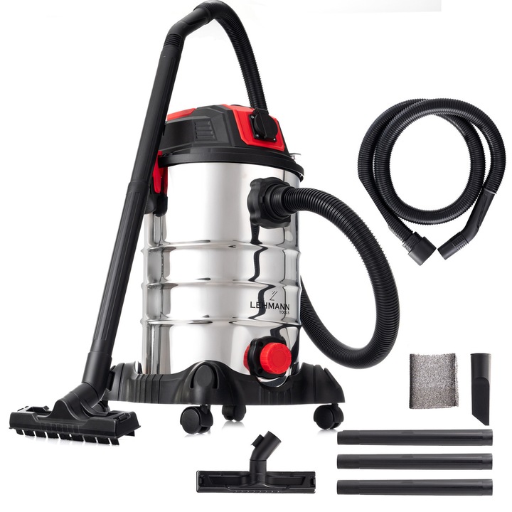 Aspirator umed/uscat, multifunctional, Lehmann Force, industrial, putere 1500W, priza pentru scule electrice 2000W, recipient 30L, Aluminiu, furtun 1.5 m, functie de suflare, 48.5x60x48.5 cm, 6.5 kg, argintiu/negru/rosu