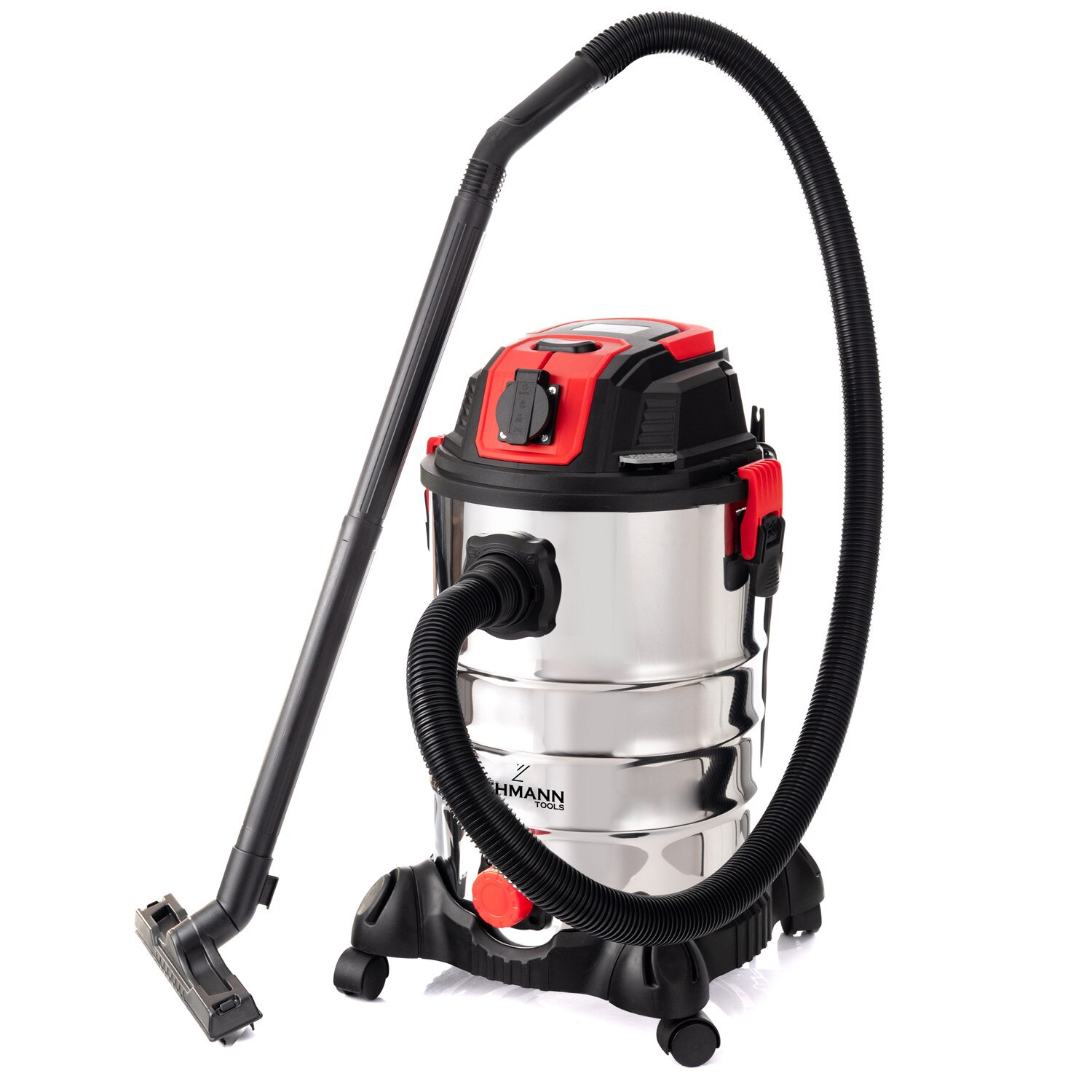 Aspirator umed/uscat, multifunctional, Lehmann Force, industrial, putere 1500W, priza pentru scule electrice 2000W, recipient 30L, Aluminiu, furtun 1.5 m, functie de suflare, 48.5x60x48.5 cm, 6.5 kg, argintiu/negru/rosu