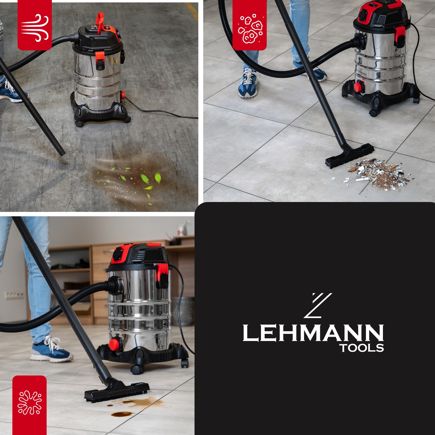 Aspirator umed/uscat, multifunctional, Lehmann Force, industrial, putere 1500W, priza pentru scule electrice 2000W, recipient 30L, Aluminiu, furtun 1.5 m, functie de suflare, 48.5x60x48.5 cm, 6.5 kg, argintiu/negru/rosu