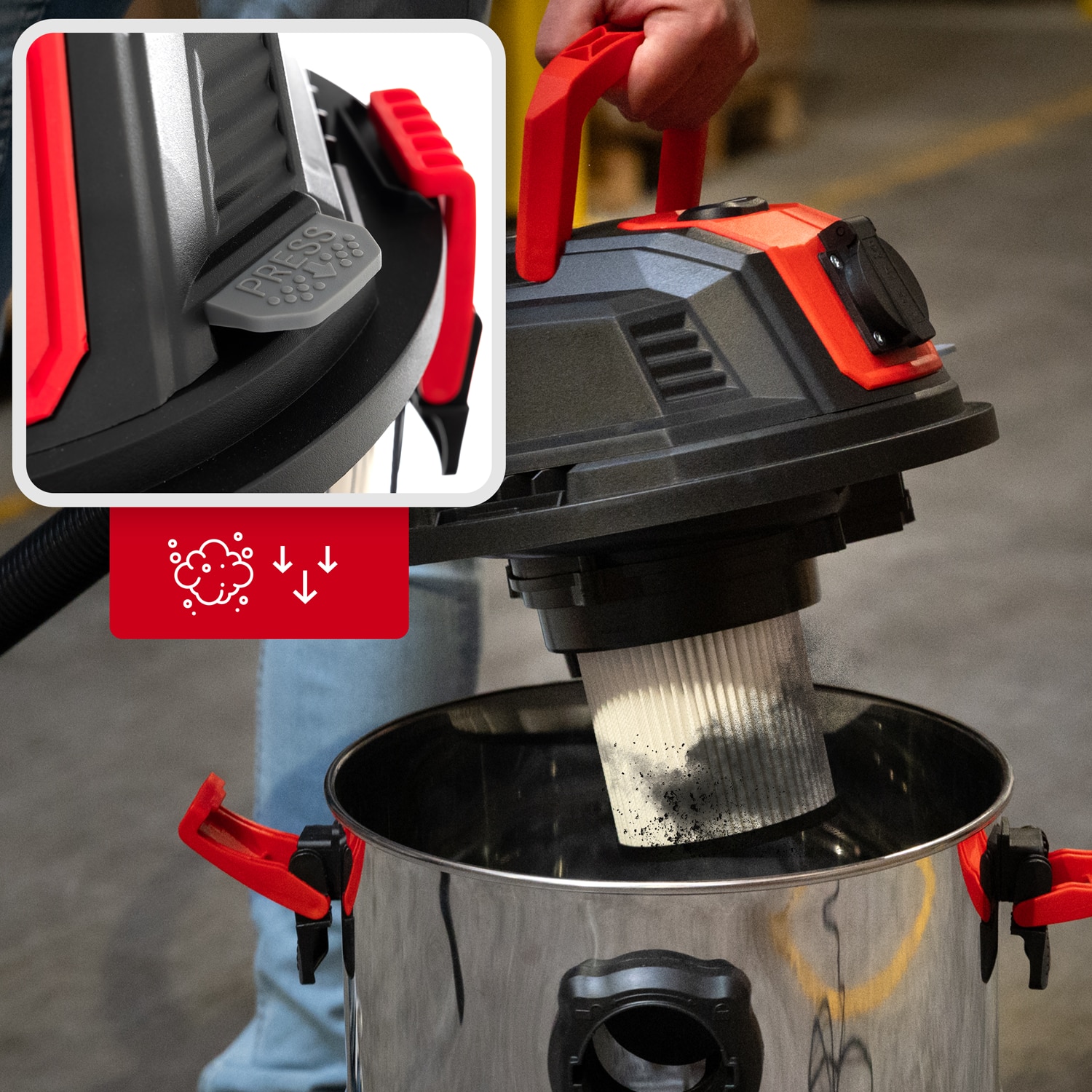 Aspirator umed/uscat, multifunctional, Lehmann Force, industrial, putere 1500W, priza pentru scule electrice 2000W, recipient 30L, Aluminiu, furtun 1.5 m, functie de suflare, 48.5x60x48.5 cm, 6.5 kg, argintiu/negru/rosu