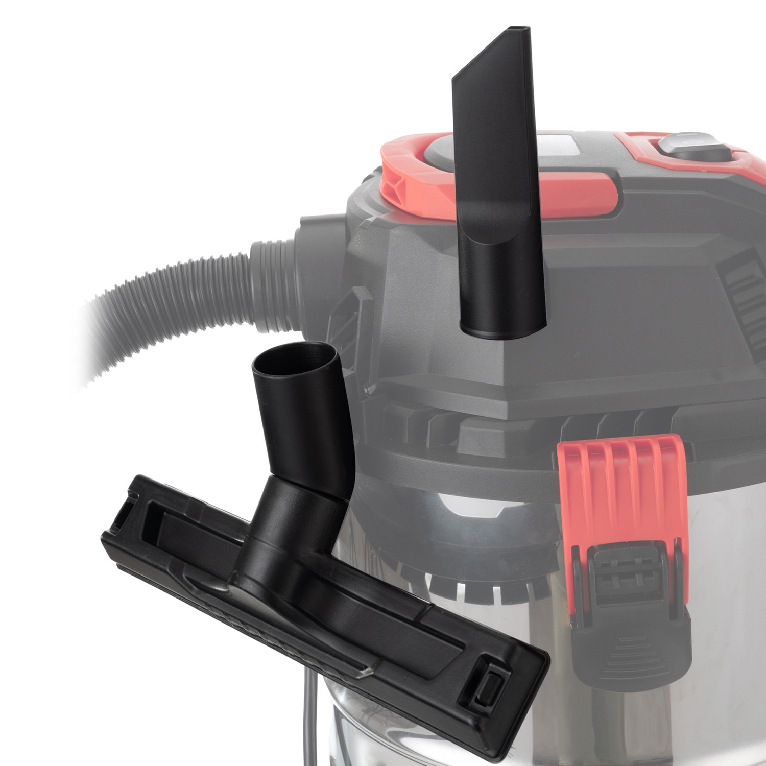 Aspirator umed/uscat, multifunctional, Lehmann Force, industrial, putere 1500W, priza pentru scule electrice 2000W, recipient 30L, Aluminiu, furtun 1.5 m, functie de suflare, 48.5x60x48.5 cm, 6.5 kg, argintiu/negru/rosu