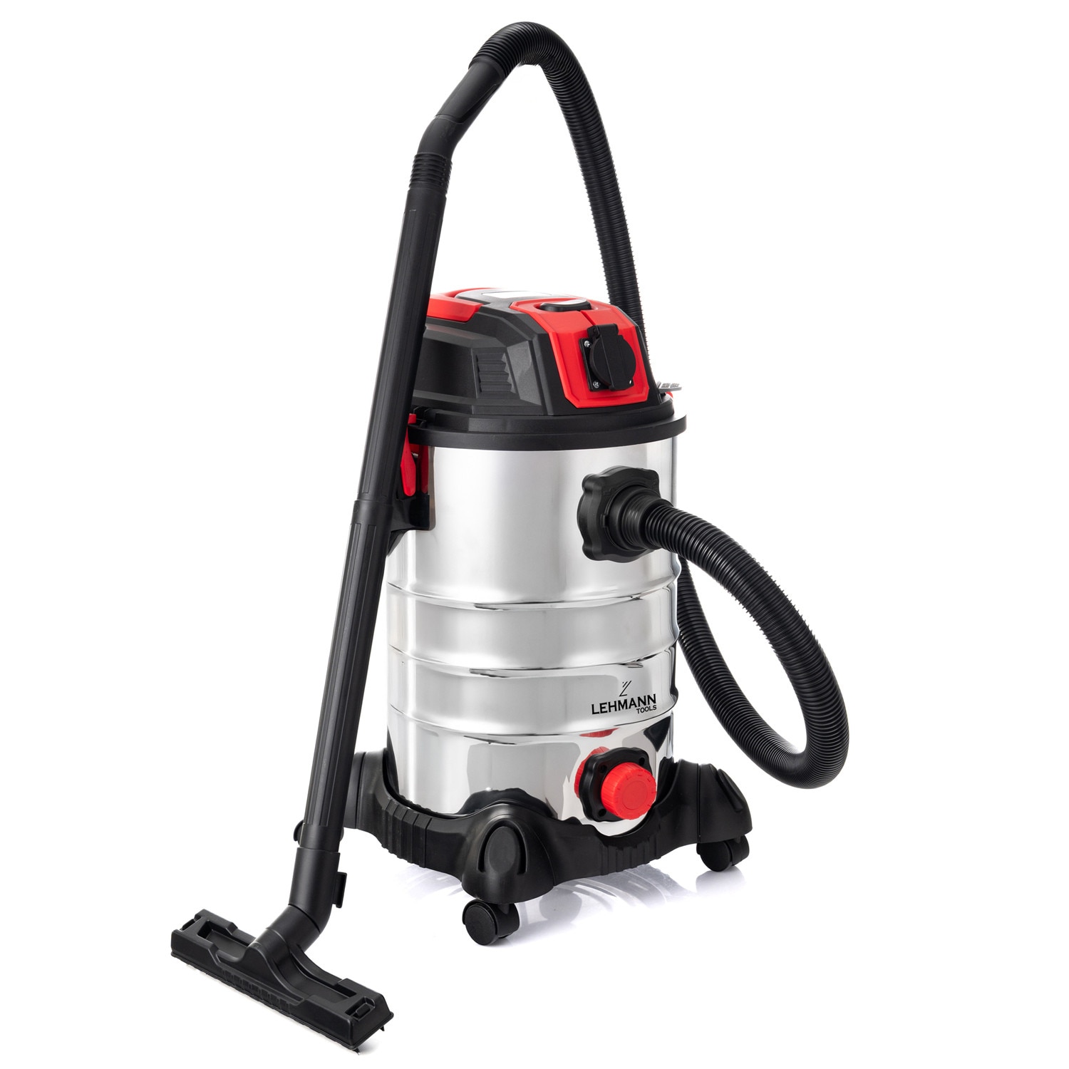 Aspirator umed/uscat, multifunctional, Lehmann Force, industrial, putere 1500W, priza pentru scule electrice 2000W, recipient 30L, Aluminiu, furtun 1.5 m, functie de suflare, 48.5x60x48.5 cm, 6.5 kg, argintiu/negru/rosu