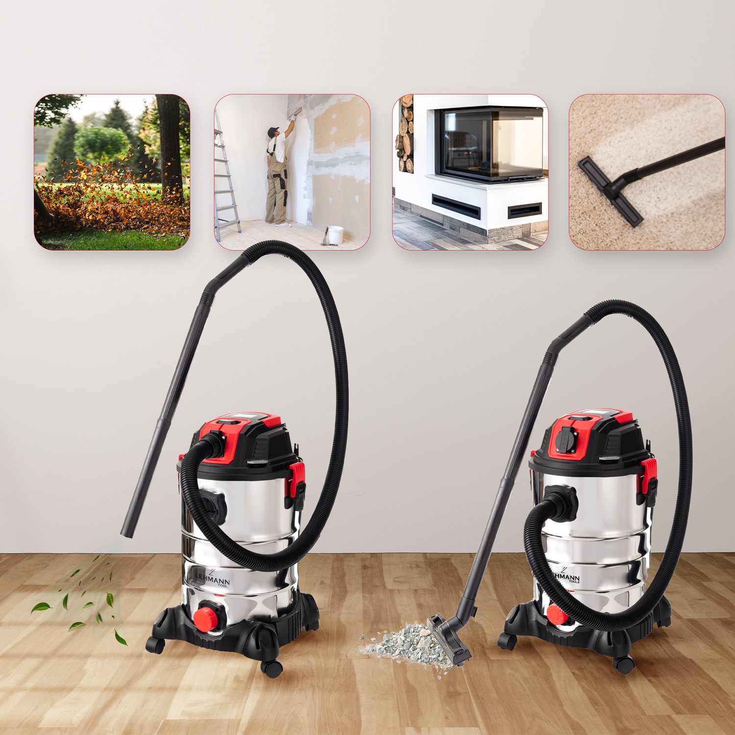Aspirator umed/uscat, multifunctional, Lehmann Force, industrial, putere 1500W, priza pentru scule electrice 2000W, recipient 30L, Aluminiu, furtun 1.5 m, functie de suflare, 48.5x60x48.5 cm, 6.5 kg, argintiu/negru/rosu