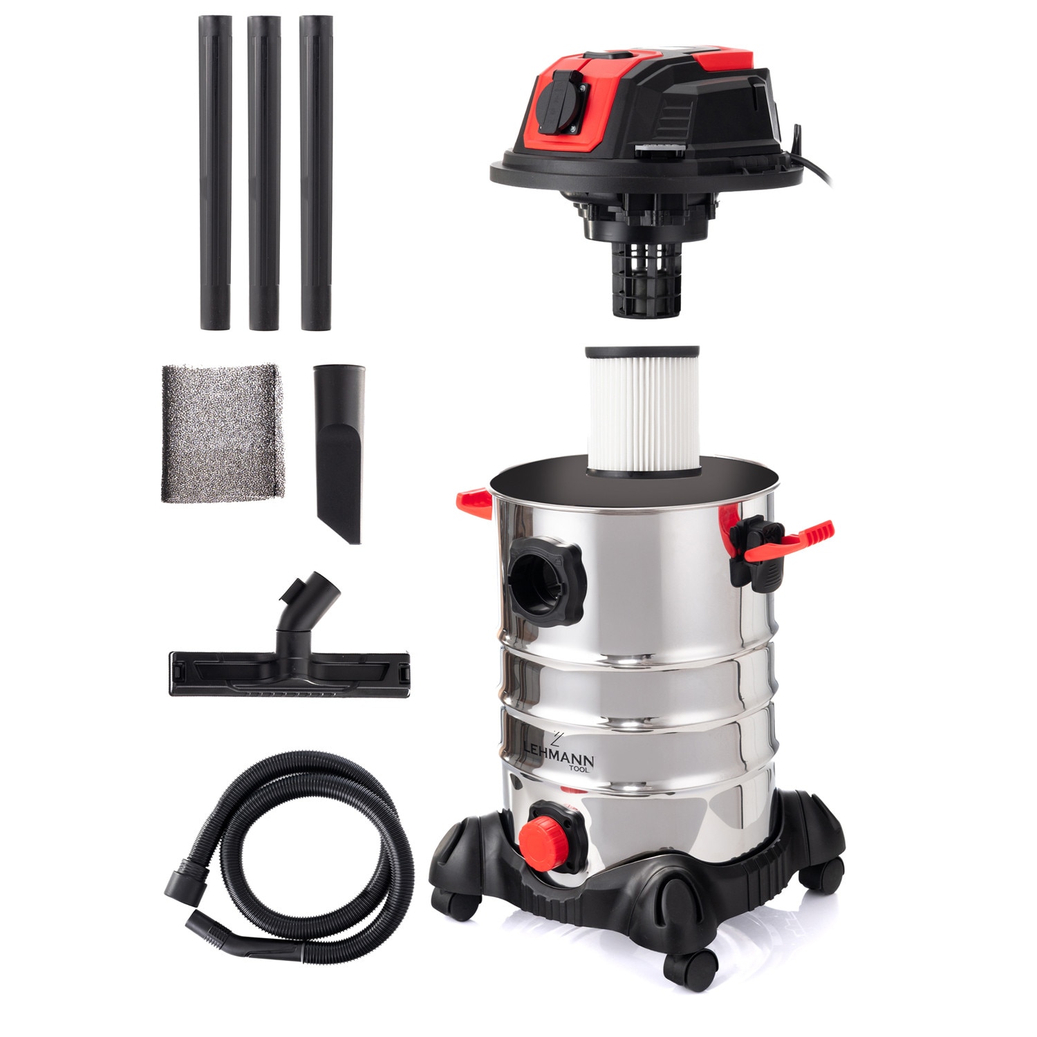 Aspirator umed/uscat, multifunctional, Lehmann Force, industrial, putere 1500W, priza pentru scule electrice 2000W, recipient 30L, Aluminiu, furtun 1.5 m, functie de suflare, 48.5x60x48.5 cm, 6.5 kg, argintiu/negru/rosu