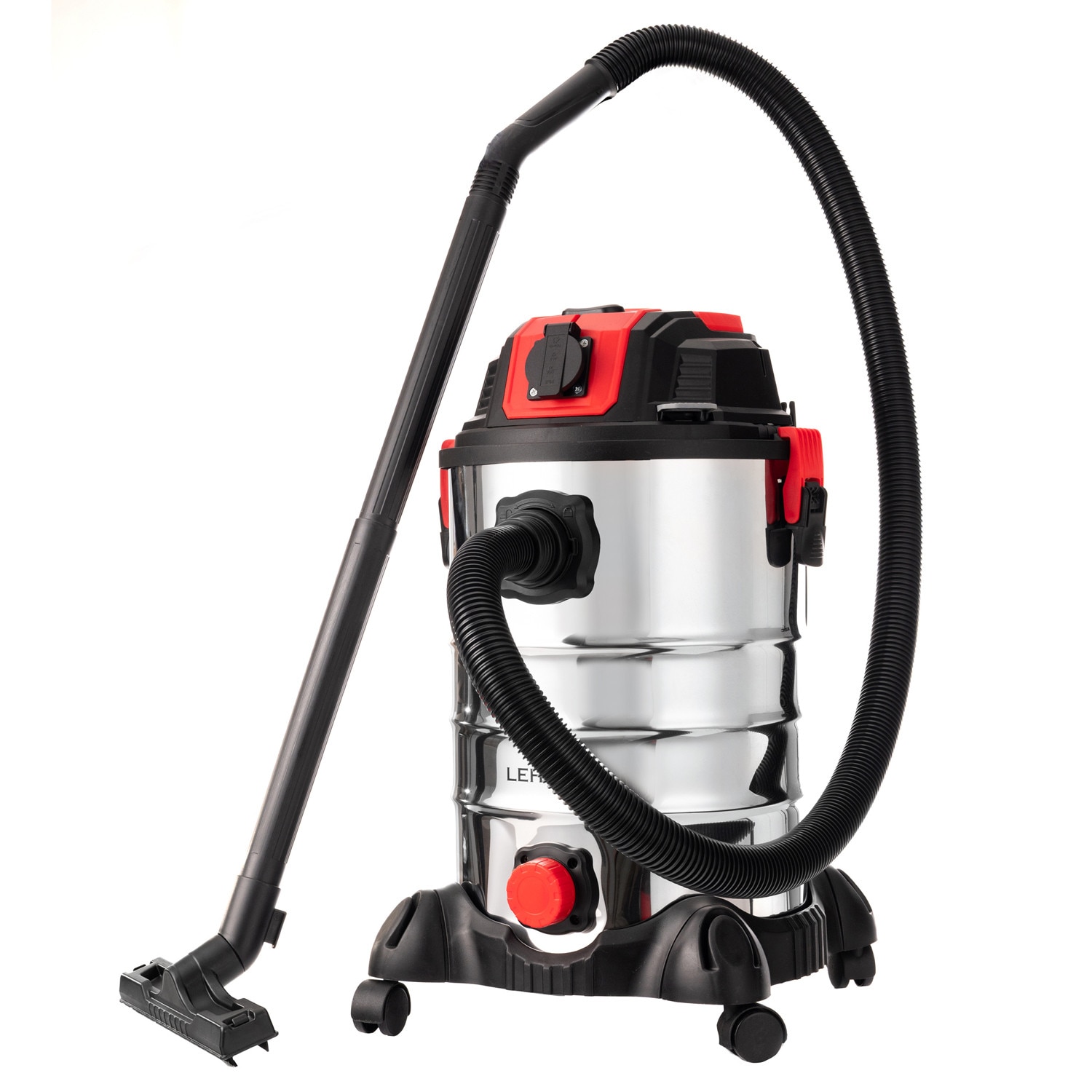 Aspirator umed/uscat, multifunctional, Lehmann Force, industrial, putere 1500W, priza pentru scule electrice 2000W, recipient 30L, Aluminiu, furtun 1.5 m, functie de suflare, 48.5x60x48.5 cm, 6.5 kg, argintiu/negru/rosu
