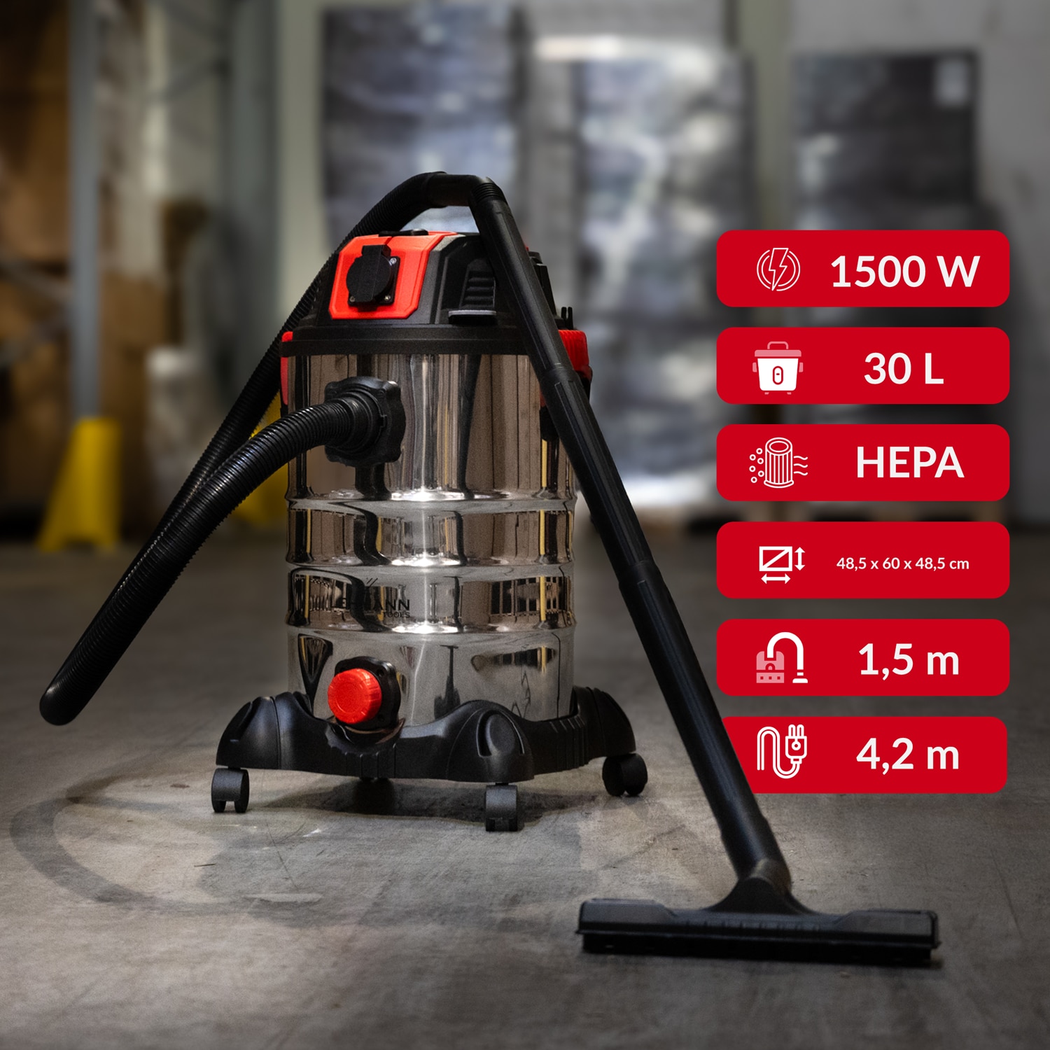 Aspirator umed/uscat, multifunctional, Lehmann Force, industrial, putere 1500W, priza pentru scule electrice 2000W, recipient 30L, Aluminiu, furtun 1.5 m, functie de suflare, 48.5x60x48.5 cm, 6.5 kg, argintiu/negru/rosu
