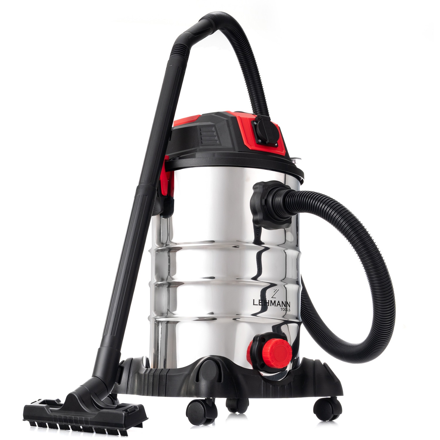 Aspirator umed/uscat, multifunctional, Lehmann Force, industrial, putere 1500W, priza pentru scule electrice 2000W, recipient 30L, Aluminiu, furtun 1.5 m, functie de suflare, 48.5x60x48.5 cm, 6.5 kg, argintiu/negru/rosu