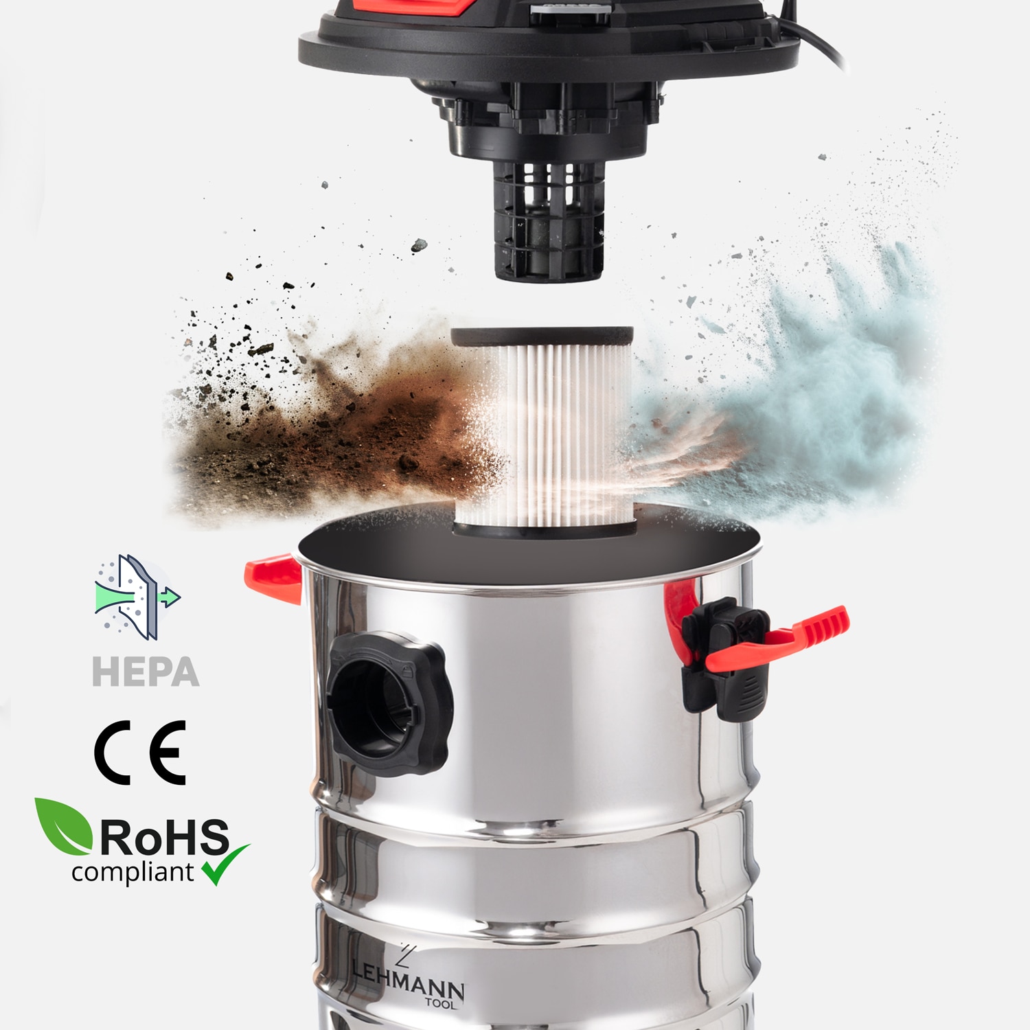 Aspirator umed/uscat, multifunctional, Lehmann Force, industrial, putere 1500W, priza pentru scule electrice 2000W, recipient 30L, Aluminiu, furtun 1.5 m, functie de suflare, 48.5x60x48.5 cm, 6.5 kg, argintiu/negru/rosu