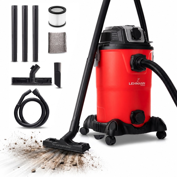 Aspirator umed/uscat, multifunctional, Lehmann Krafto, industrial, putere 1500W, priza pentru scule electrice 2000W, recipient 30L, ABS, furtun 1.5 m, functie de suflare, 43x60x43 cm, 6.5 kg, negru/rosu