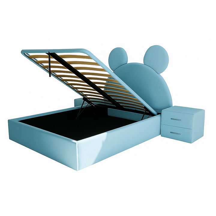 Pat Copii Tapitat, cu Lada de Depozitare, Somiera Rabatabila si Noptiere Tapitate, albastru deschis, 140x200