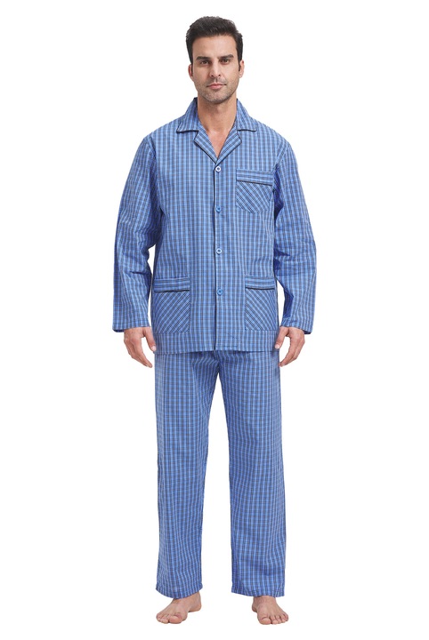 Set Pijama Barbati Global, Clasica Panza, Bumbac, Maneca lunga, Pantalon lung, Carouri / Albastru Pastel