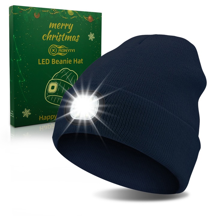 Caciula LED pentru Craciun AONYIYI, 6 LED-uri, 3 moduri lumina, albastru, USB reincarcabila