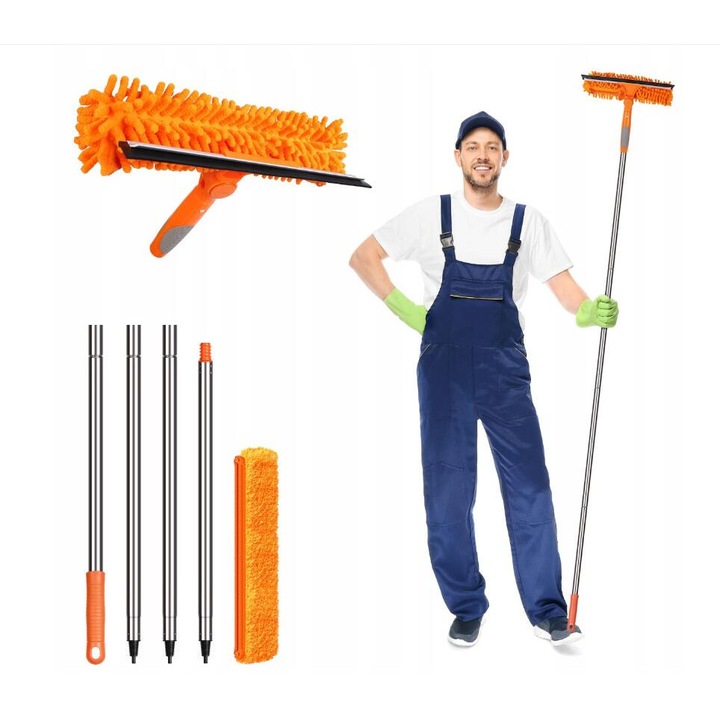Многофункционална телескопична чистачка за прозорци, lynker, 70 инча, 2 в 1, Комплектът включва микрофибърна кърпа, кърпа от шенил, набраздени четки и гумени шпатули, Подходяща за почистване на стъкло, прозорци, стъклени врати за душ, Оранжева