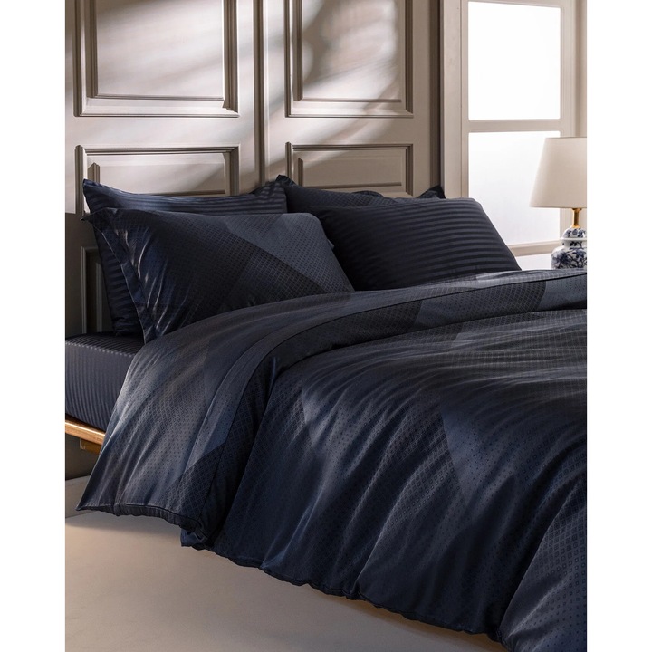 Diyon King Size Jacquard Szatén Ágyneműhuzat Garnitúra, 50% Pamut, Sötétkék, 240x220cm, 260x280cm, 4 Párnahuzat