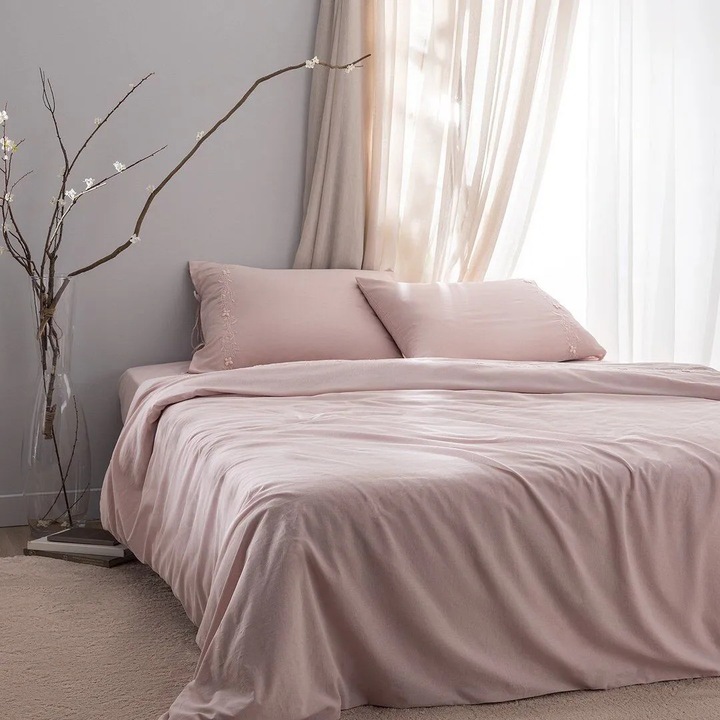 Lenjerie de pat set Loris King Size, bumbac 100%, 240x220cm, 260x280cm, 2 fete de perna, culoare pudra