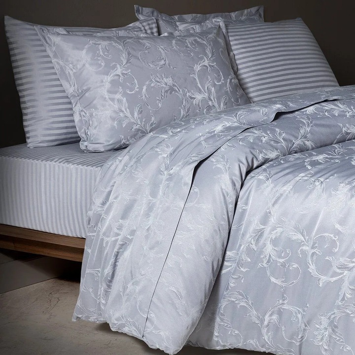 Set lenjerie de pat Blaye King Size, Madame Coco, satin jacquard, gri, 240x220cm, 260x280cm, 4 fete de perna
