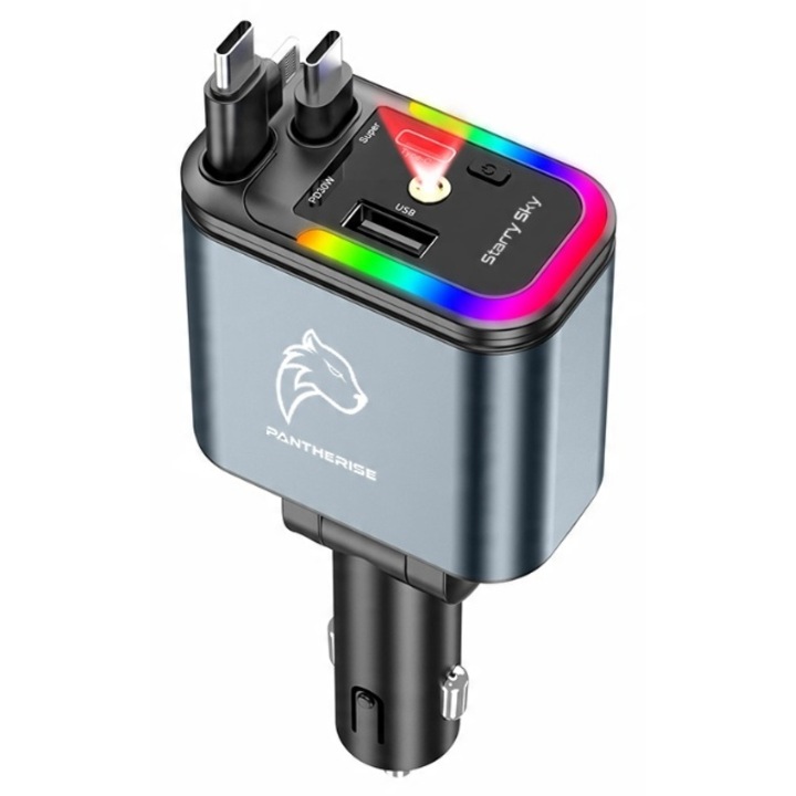 Incarcator auto rapid 5-in-1 PANTHERISE cu cablu extensibil si iluminare RGB