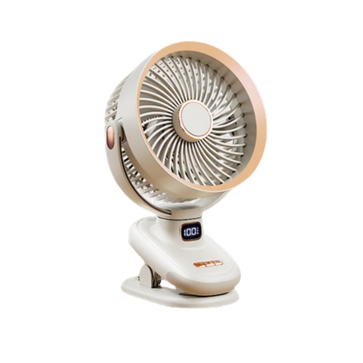 Вентилатор, S6 с таймер, за закрепване, за стенен монтаж, автоматично въртене, 5 скорости, нощна лампа, дигитален дисплей, бежов, 255x170x141 мм