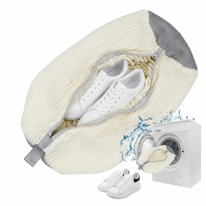 Sac pentru spalat incaltaminte in masina de spalat, fibra moale pentru protectie incaltaminte, material rezistent, Potrivit pentru toate tipurile de incaltaminte, reutilizabil, 39CM*19CM Alb