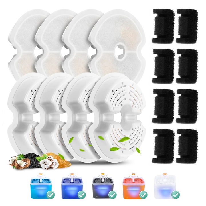 Set de 8 filtre si 8 bureti de schimb, netesut, carbune si rasina, filtrare tripla, pentru fantani pentru pisici de 2 L